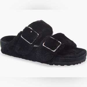 1774 BIRKENSTOCK Arizona Big Buckle Genuine Shearling Sandal New NWT Black